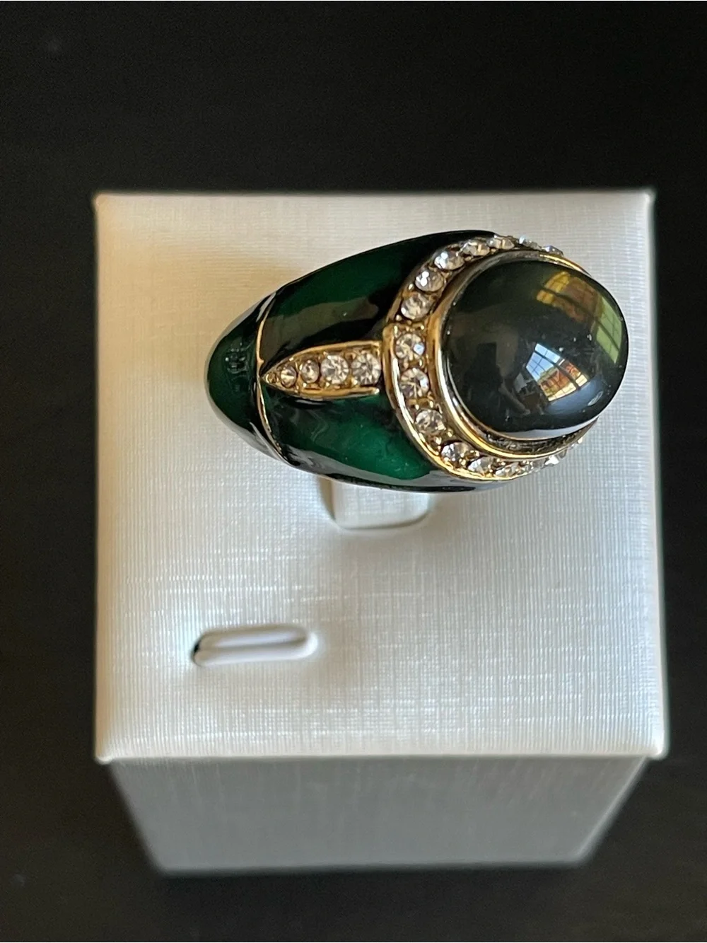 Vintage Green cabochon & green enamel Statement Ring with Crystal Halo.